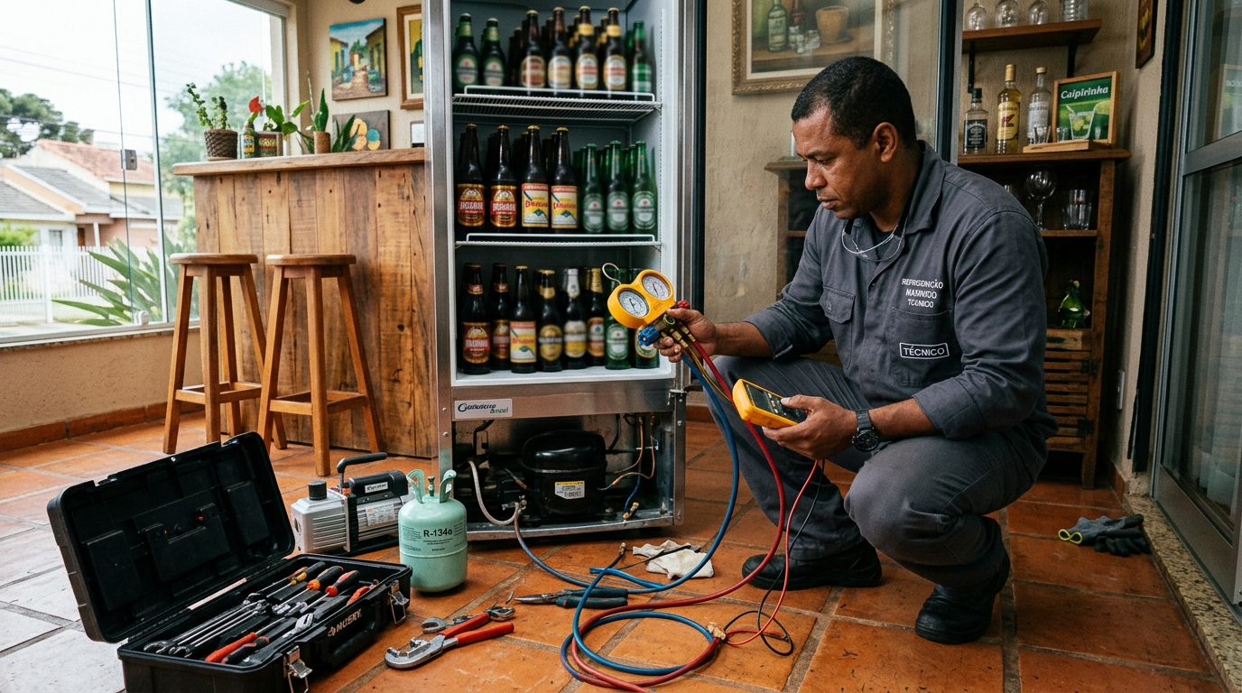 Profissional executando reparo no motor de cervejeira em Suzano‑SP