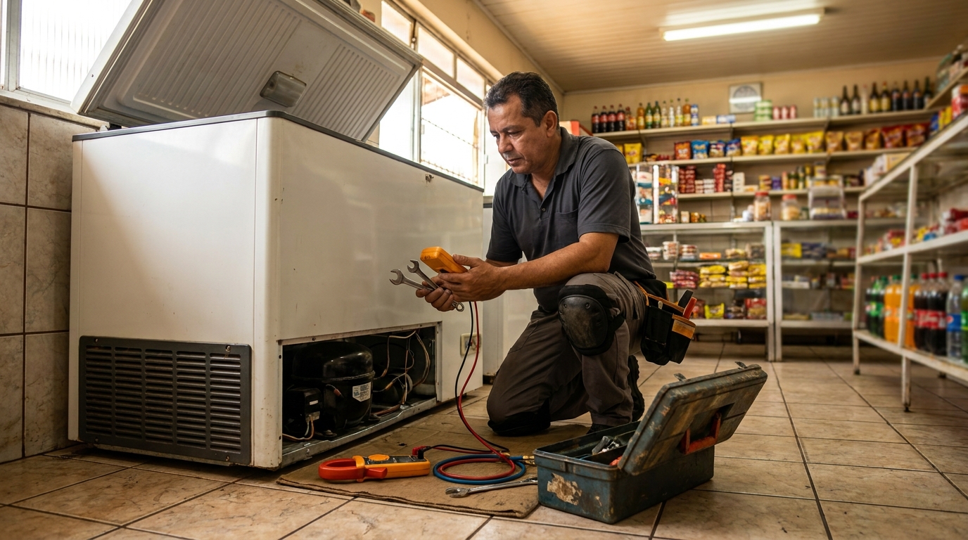 Profissional executando manutenção no motor de freezer em Suzano‑SP