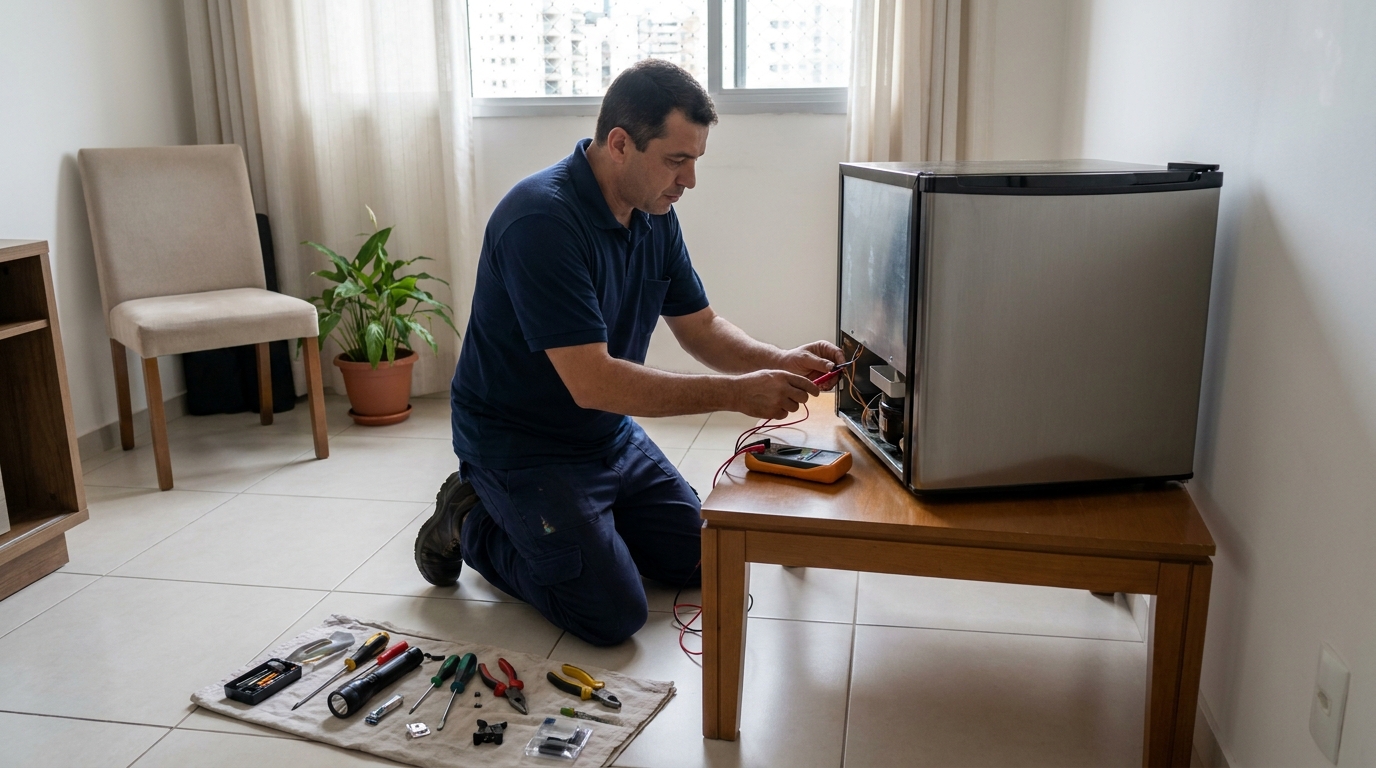 Técnico fazendo manutenção do motor de frigobar em Suzano‑SP