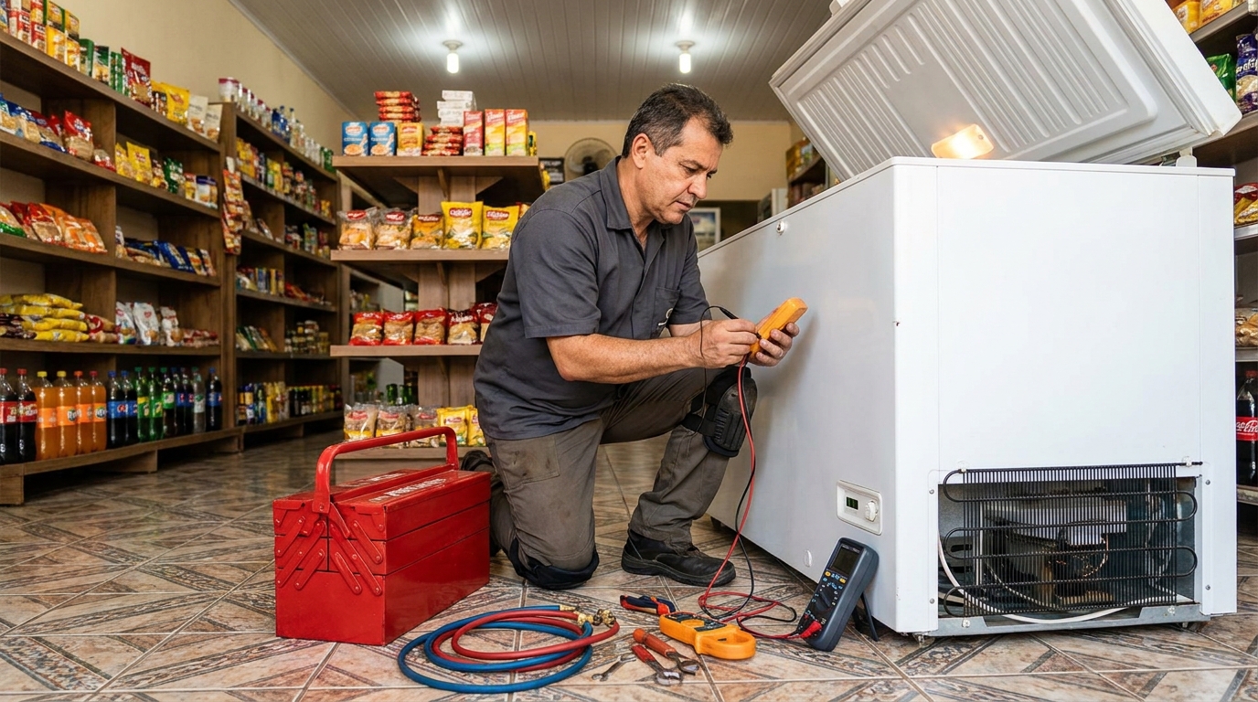 Recarga de gás refrigerante no freezer durante atendimento em Suzano‑SP