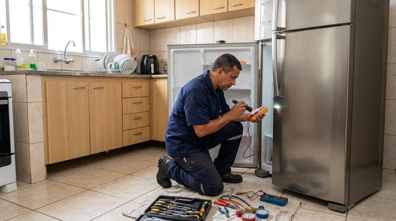 Técnico aplicando recarga de gás refrigerante em geladeira em Suzano‑SP
